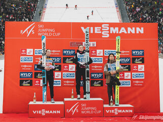 2. Platz Nika Prevc (SLO), Siegerin Eirin Maria Kvaendal (NOR), 3. Platz Nozomi Maruyama (JPN)